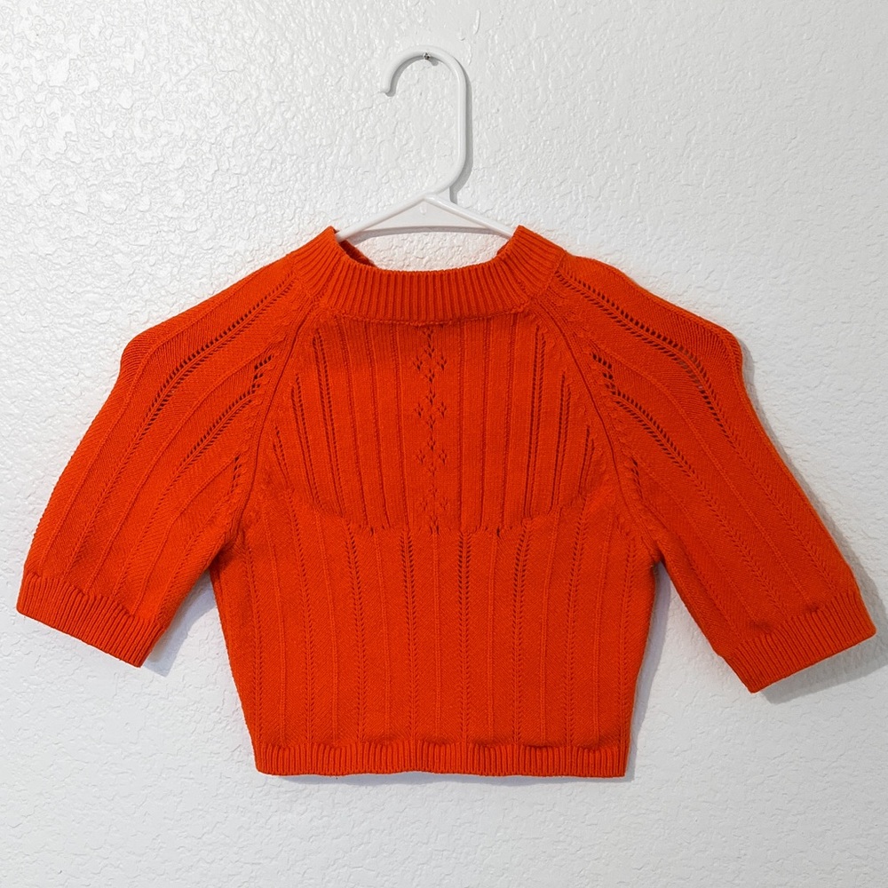 Free People Orange Crochet Knit Backless Sweater Cropped Fitted